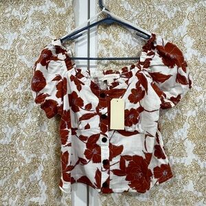 Monteau Floral Puff Sleeve Top - burnt orange and white